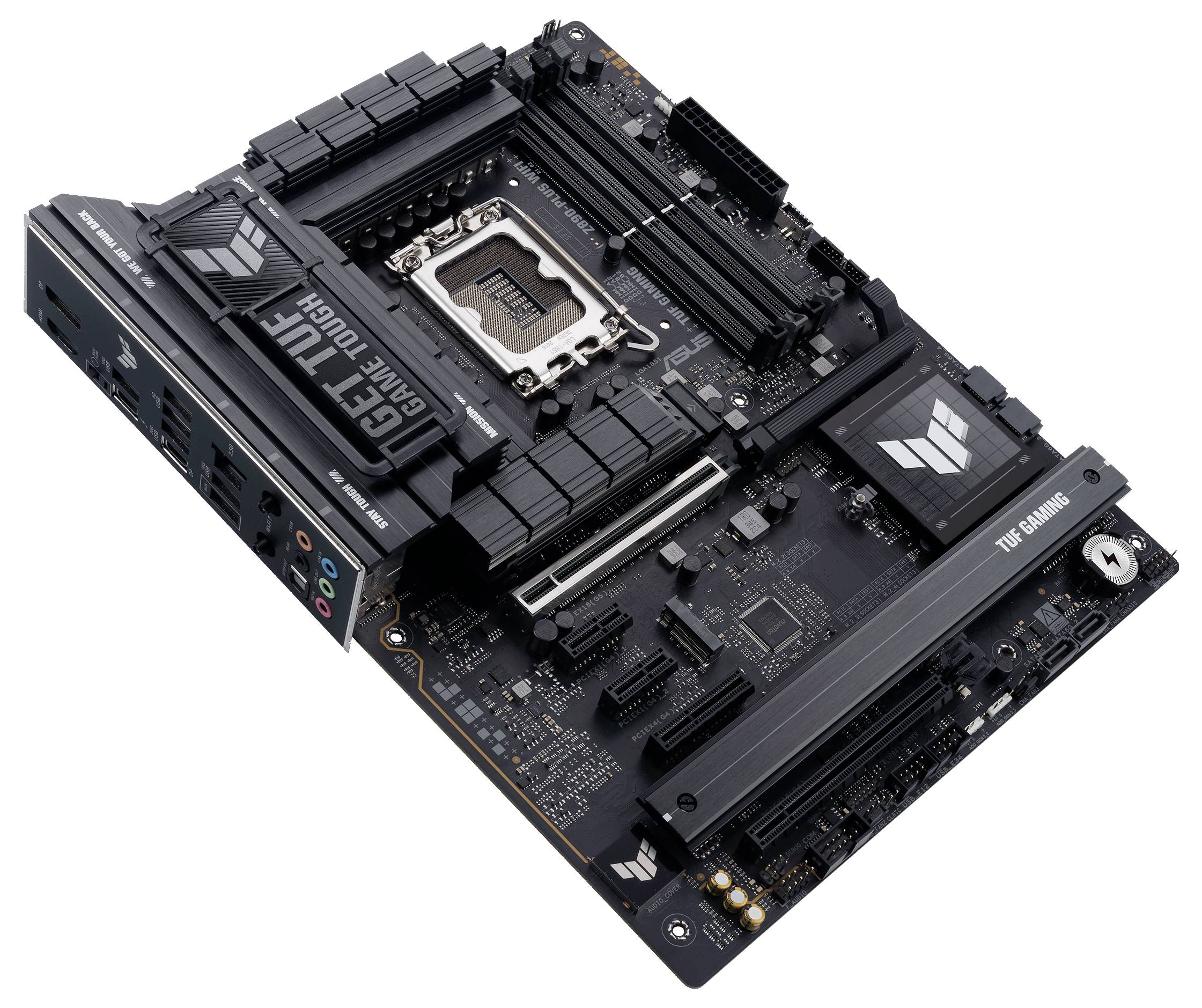 Eine schwarze Computer-Motherboard-Platine mit mehreren Steckplätzen und Anschlüssen, markiert mit 'TUF GAMING' und anderen technischen Details.