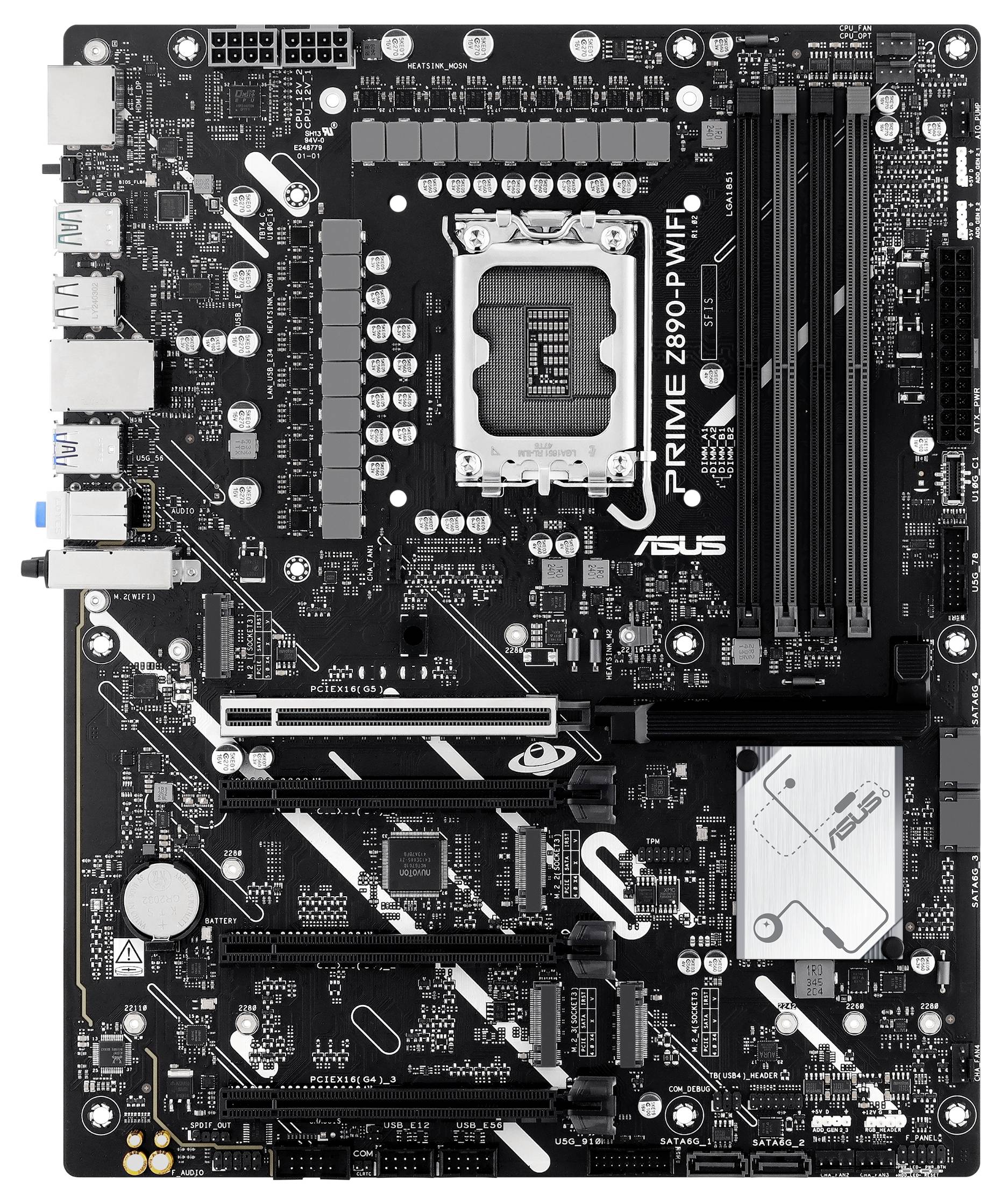 Ein schwarzes Motherboard mit mehreren Anschlüssen, Steckplätzen für RAM und einem CPU-Sockel, 'PRIME Z690-P WIFI' auf der Oberfläche.