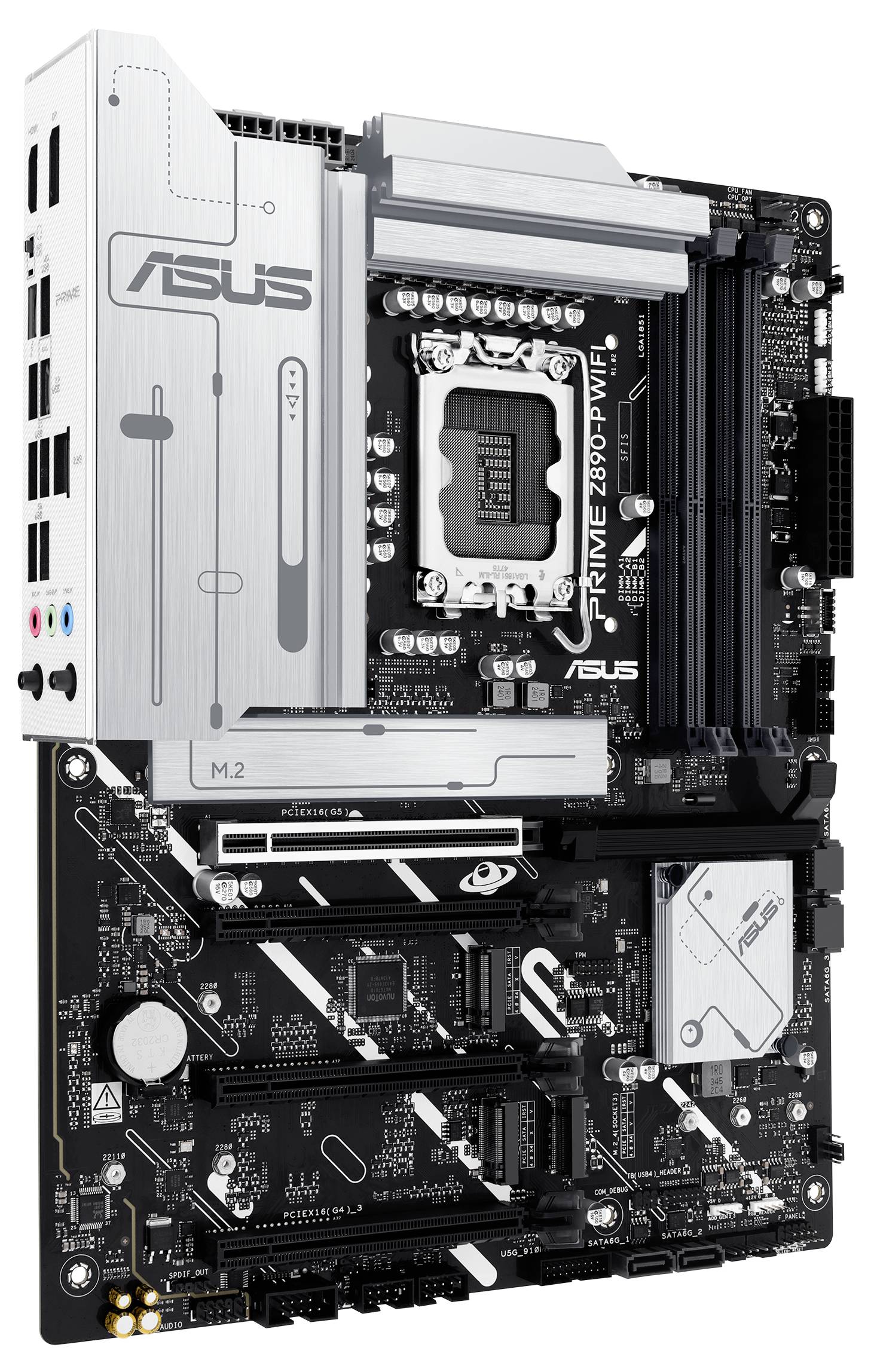 Computernetzwerk-Mainboard mit mehreren Anschlüssen und Komponenten, darunter CPU-Sockel, RAM-Steckplätze und Kühlkörper.