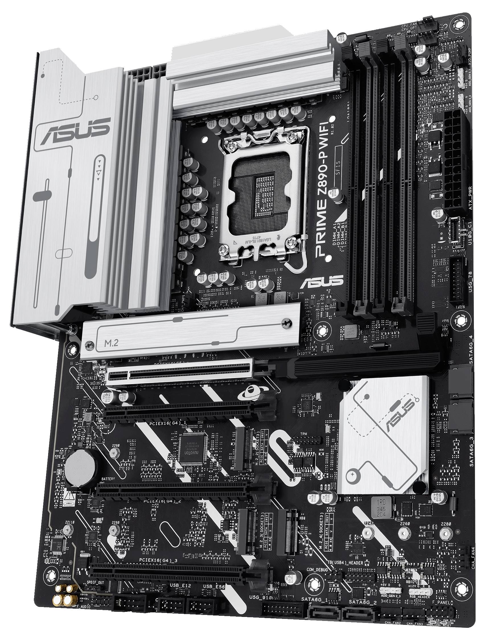 Motherboard mit dem Markenlogo 'ASUS', Modell 'PRIME Z690-P WIFI'. Zu sehen sind CPU-Sockel, RAM-Steckplätze und mehrere PCIe-Steckplätze.