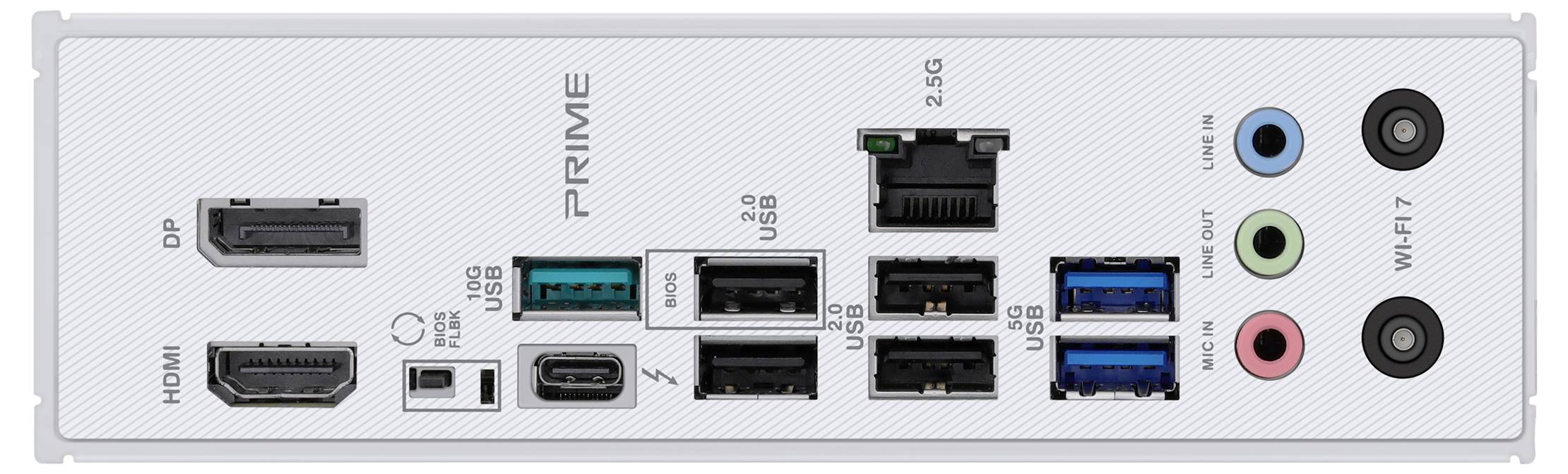 'Rückseite eines Motherboards mit verschiedenen Anschlussmöglichkeiten: HDMI, DisplayPort, USB-Typen, Ethernet, Audio-Buchsen, Wi-Fi-Option.'