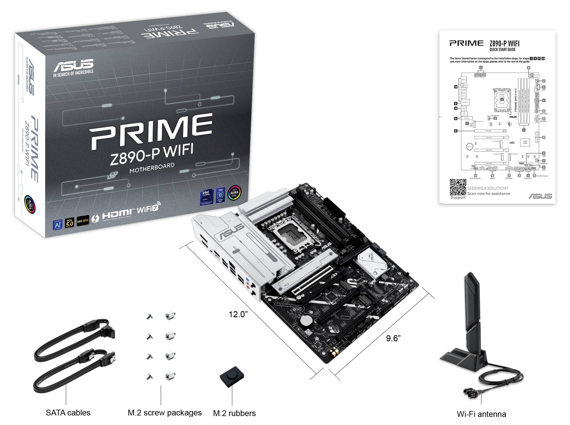 Mainboard ASUS Prime Z890-P WIFI mit Verpackung, Anleitungen, SATA-Kabeln, M.2 Schrauben, Abstandhaltern und WLAN-Antenne.