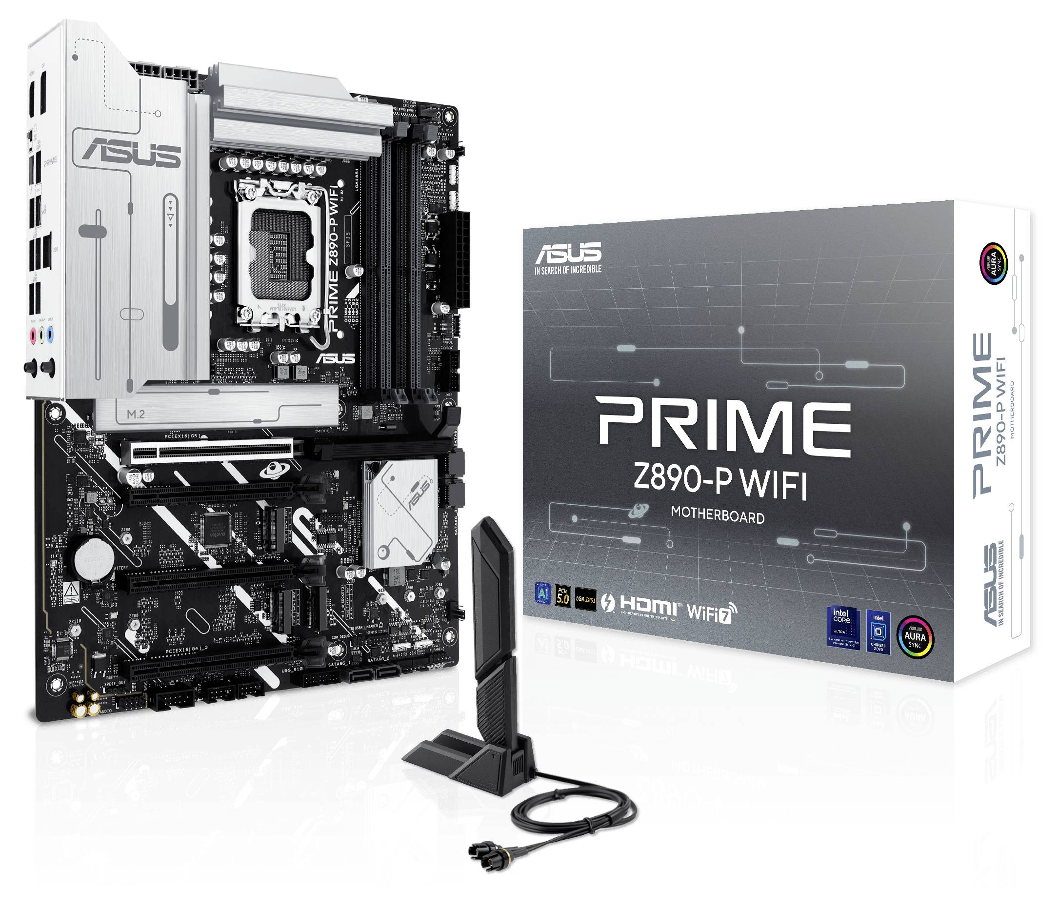 Eine ASUS Prime Z890-P WIFI-Mainboard-Verpackung neben dem Mainboard und einer WiFi-Antenne. Text 'PRIME Z890-P WIFI' auf der Box.