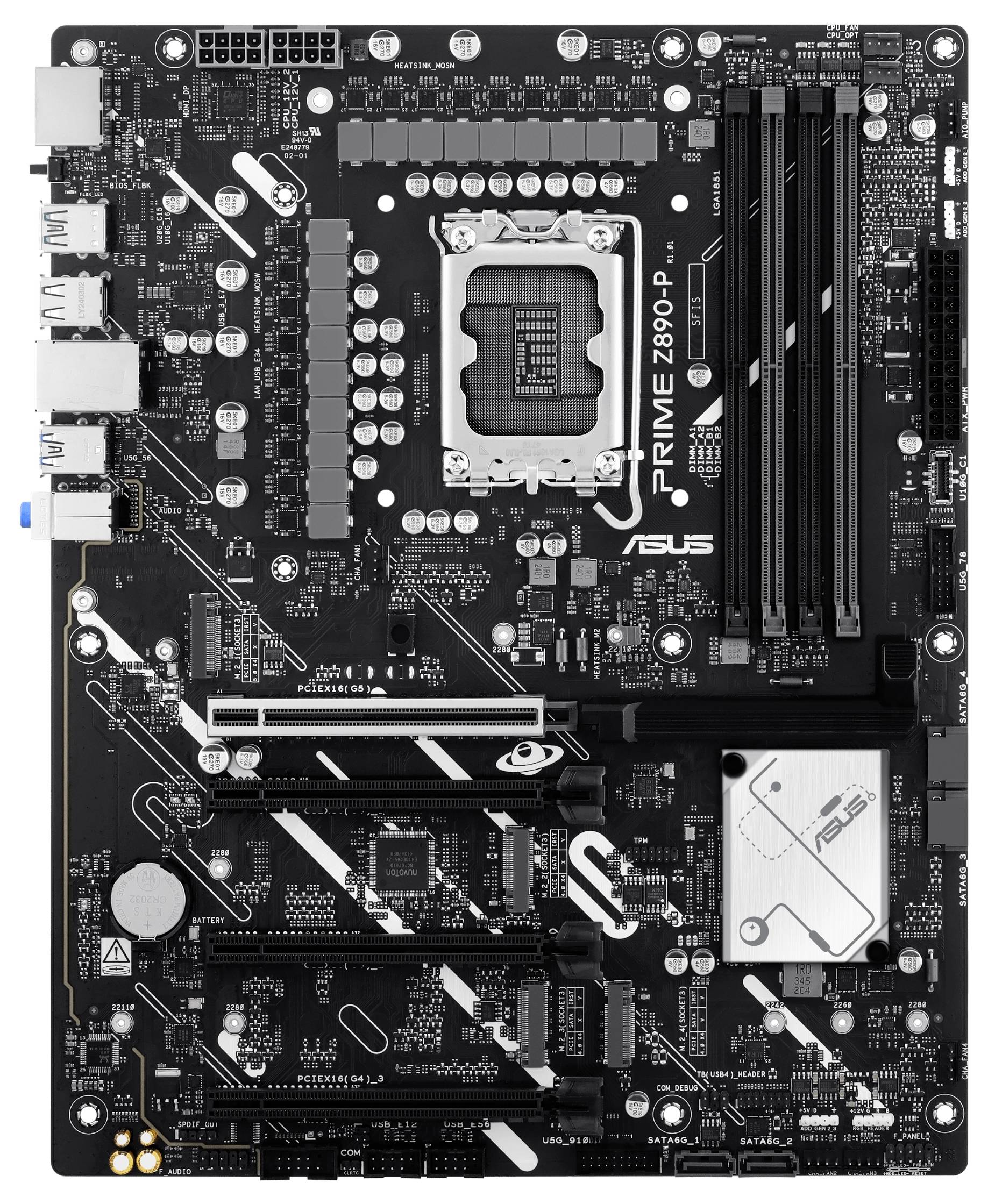 Eine schwarze ASUS Prime Z690-P Hauptplatine mit mehreren Steckplätzen, Anschlüssen und einem großen CPU-Sockel in der Mitte.