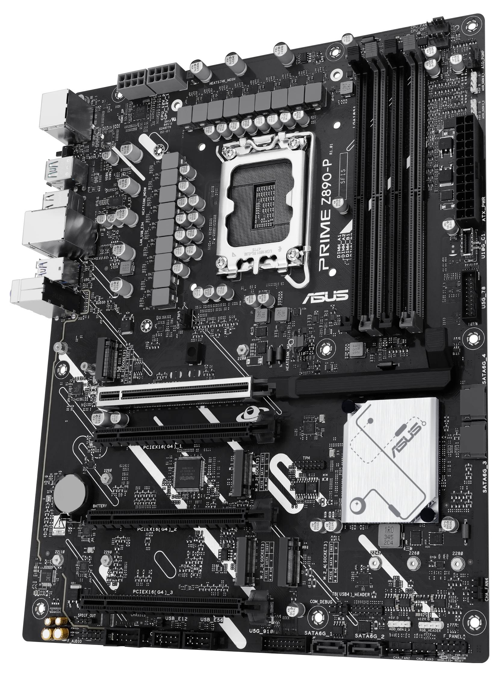 Eine ASUS Prime Z690-P Hauptplatine mit diversen Anschlüssen und Steckplätzen, darunter PCIe-Steckplätze und DIMM-Sockets für Arbeitsspeicher.