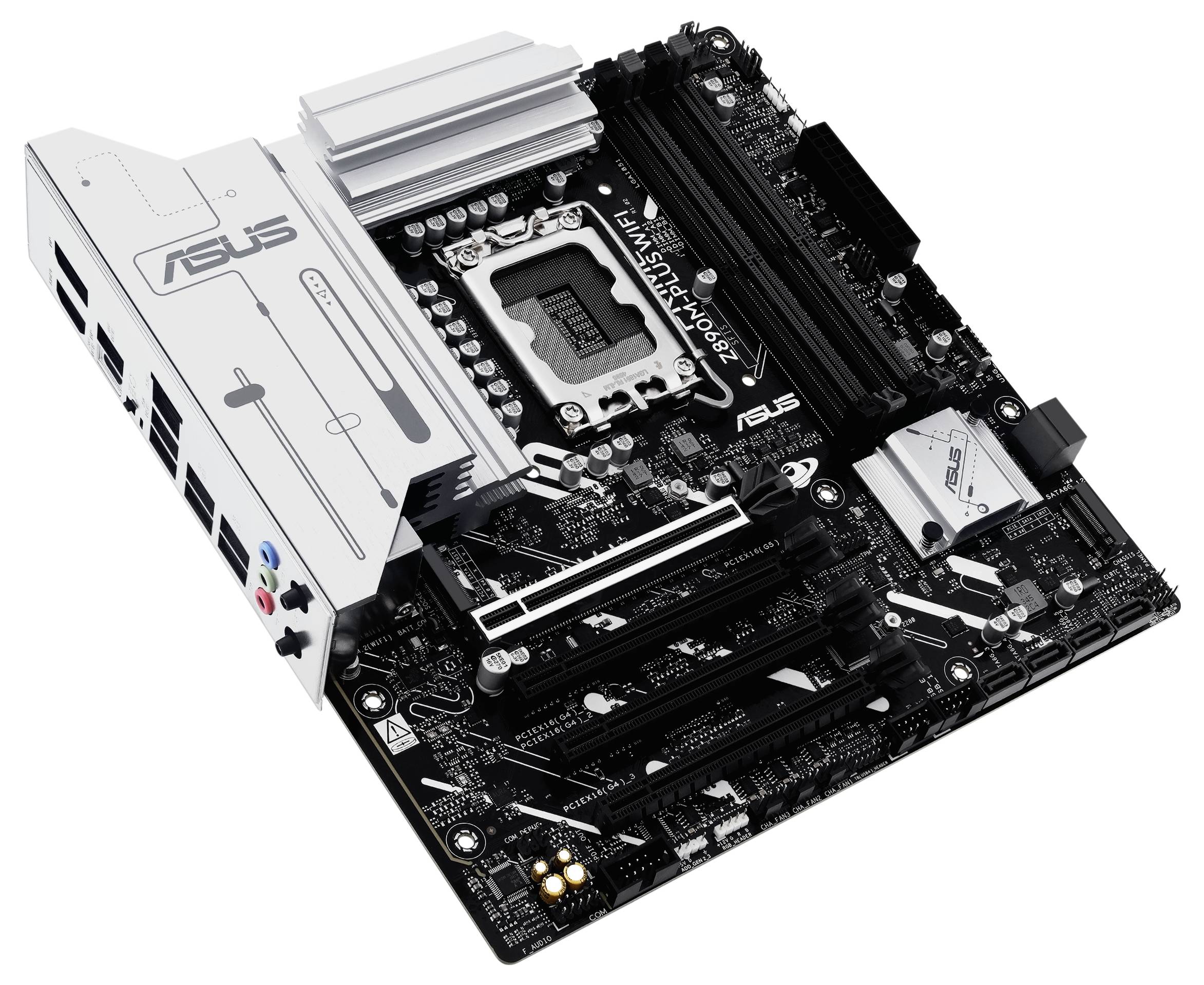 Computer-Mainboard mit mehreren Steckplätzen und Anschlüssen, markiert mit 'ASUS'. Hauptbestandteil eines PCs für Hardware-Verbindung.