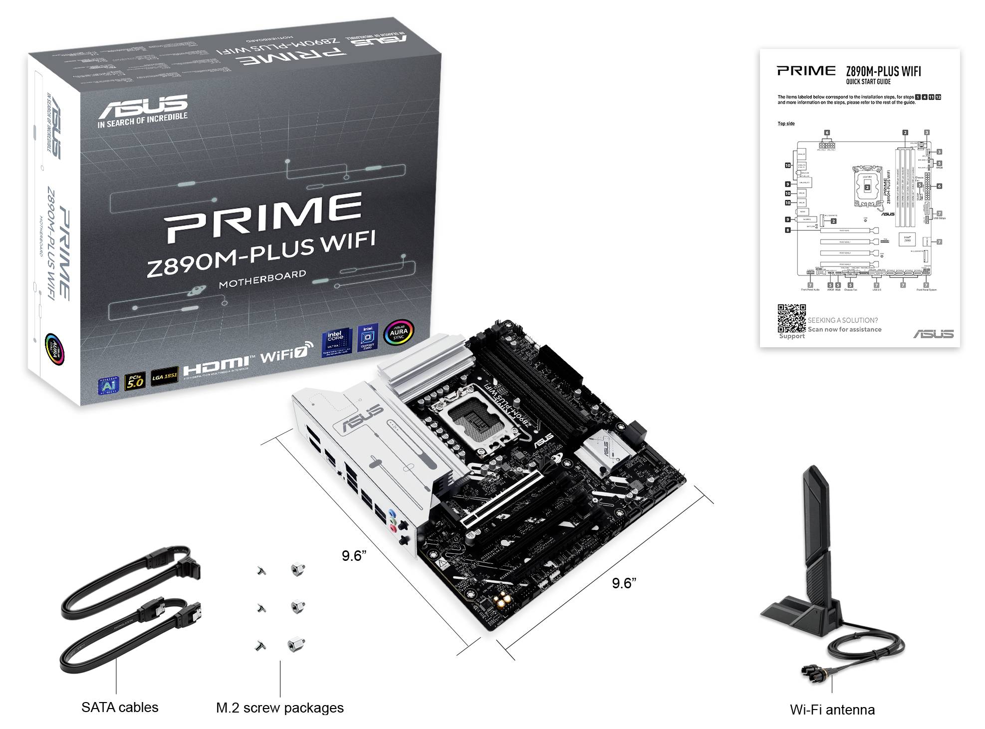 Verpackung und Inhalt des ASUS Z890M-PLUS WIFI Motherboards: Hauptplatine, Wi-Fi-Antenne, SATA-Kabel, M.2-Schraubenpakete, Handbuch.