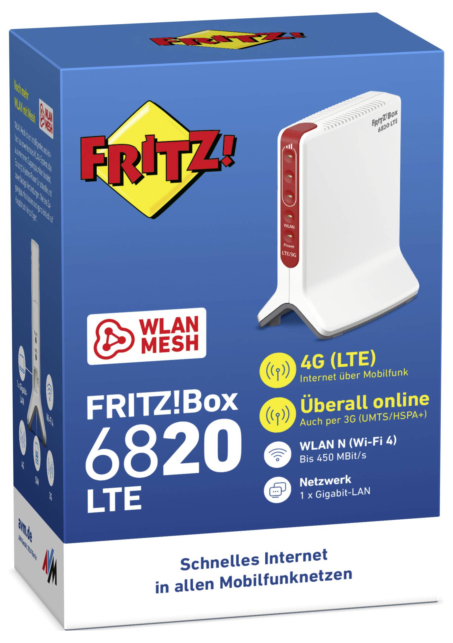 Eine FRITZ!Box 6820 LTE Verpackung, die schnelles Internet über 4G-LTE-Netzwerke, WLAN-N-WiFi bis 450 Mbit/s, und 1 Gigabit-LAN bietet.