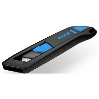 Ein schwarzes Universalmesser mit blauen Akzenten und einziehbarer Klinge.