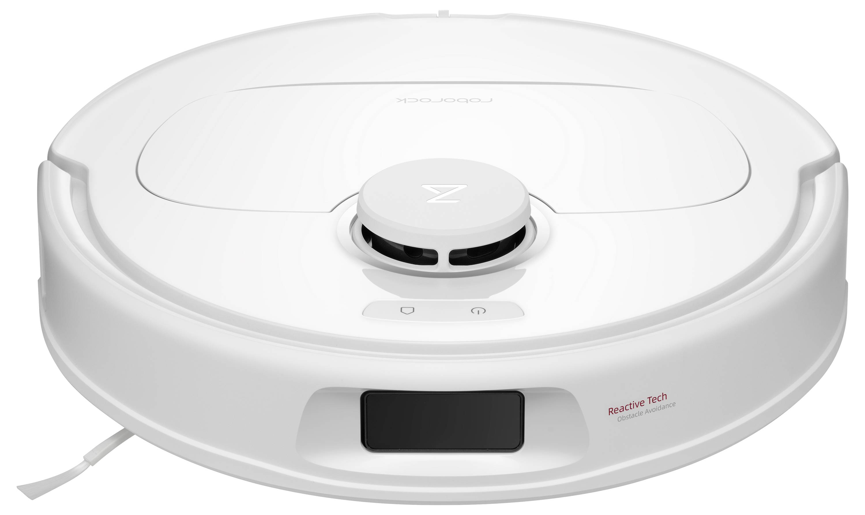 Ein runder, weißer Saugroboter mit einer zentralen Erhebung und Steuerknöpfen darauf. Markiert mit 'Reactive Tech'.