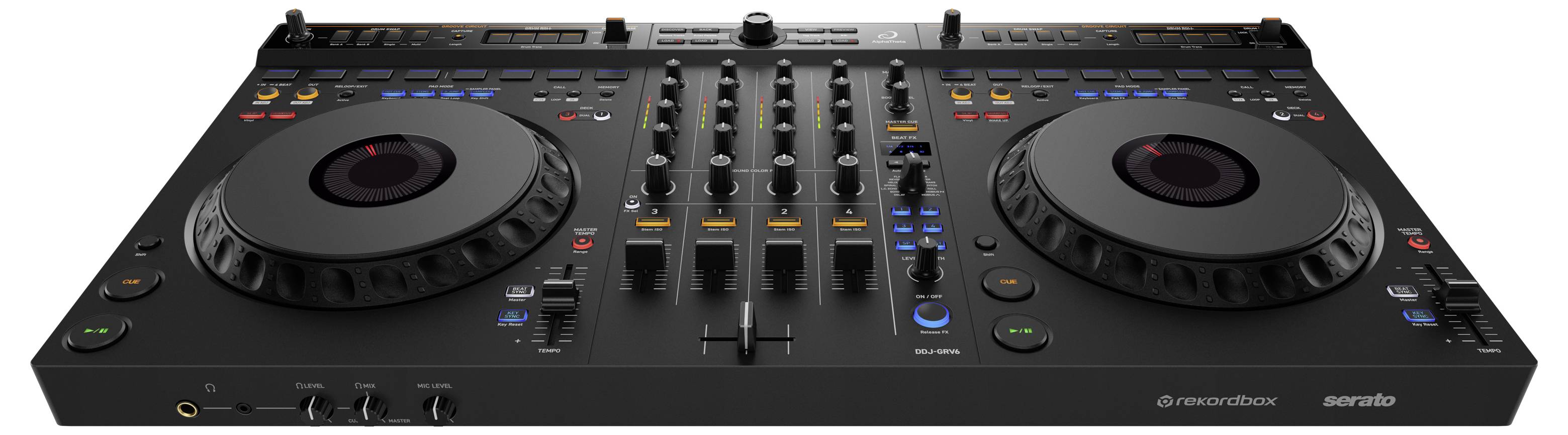 Ein DJ-Controller mit mehreren Reglern, Tasten und zwei Plattentellern für das Mixen und Steuern von Musik in einer Tanzveranstaltung.