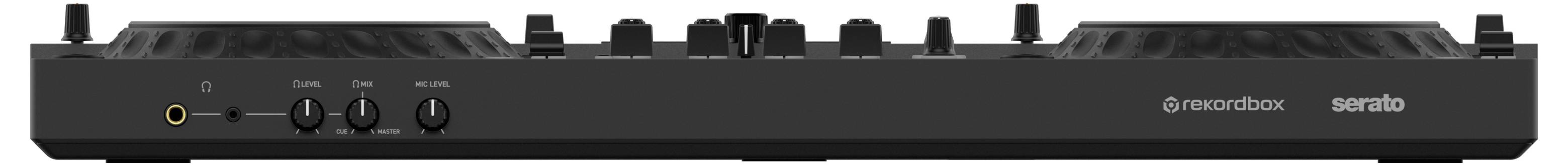 Schwarzes DJ-Controller-Deck von vorne mit mehreren Knöpfen und Anschlüssen, markiert mit 'Pioneer DJ Serato'.