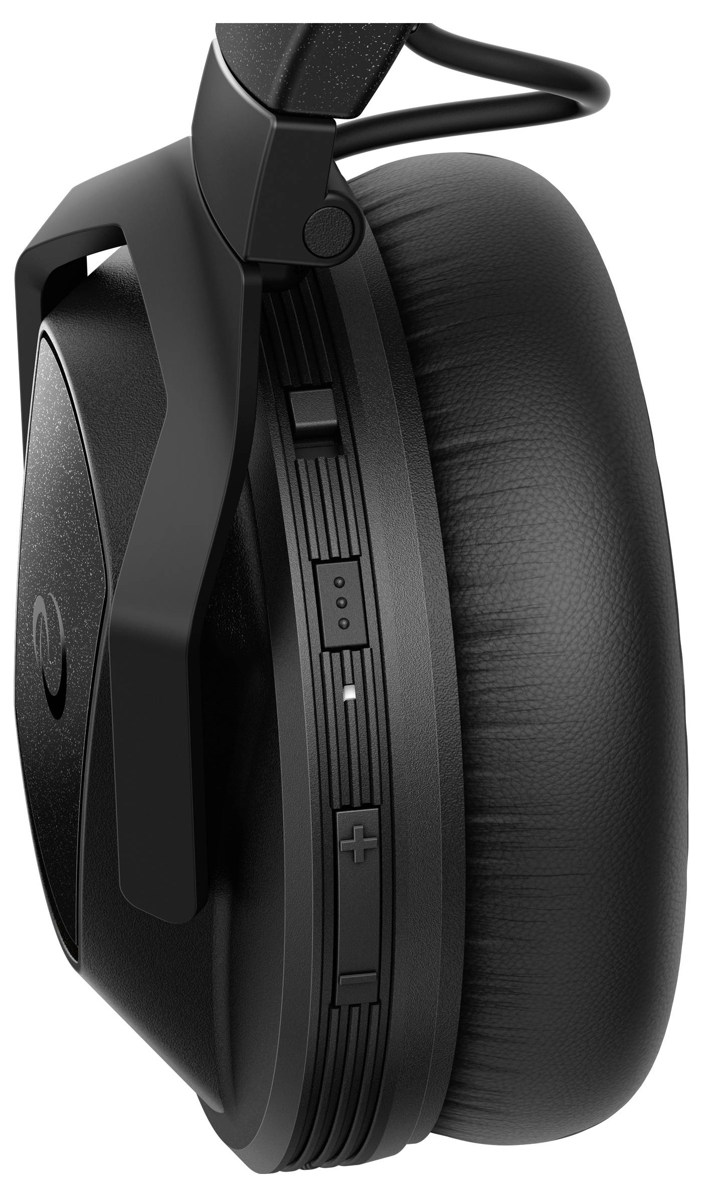 Schwarze Over-Ear-Kopfhörer mit Bedienelementen an der Seite, inklusive Lautstärkeregler und Ein/Aus-Schalter.