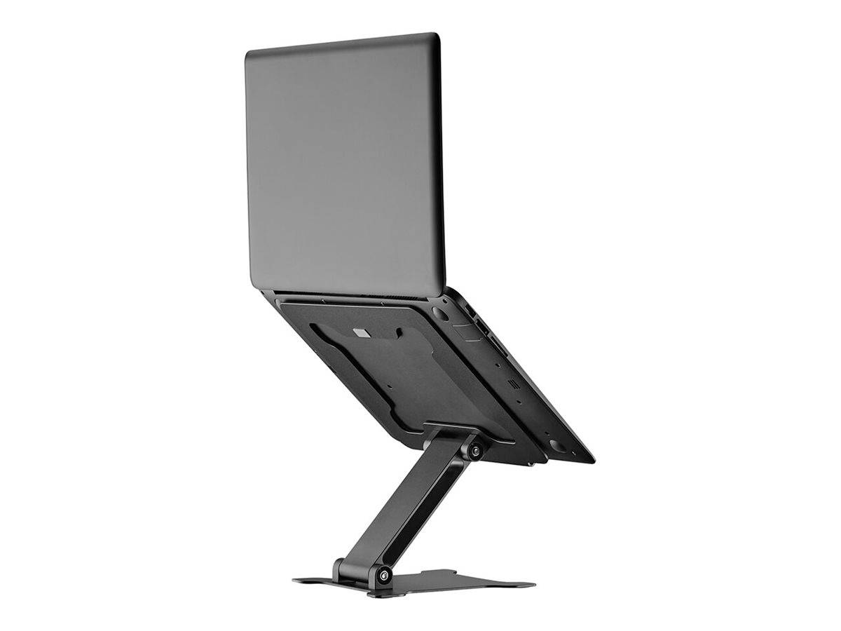 Laptop auf einem höhenverstellbaren Ständer in seitlicher Ansicht, zeigt Ergonomie im Büro oder Homeoffice.