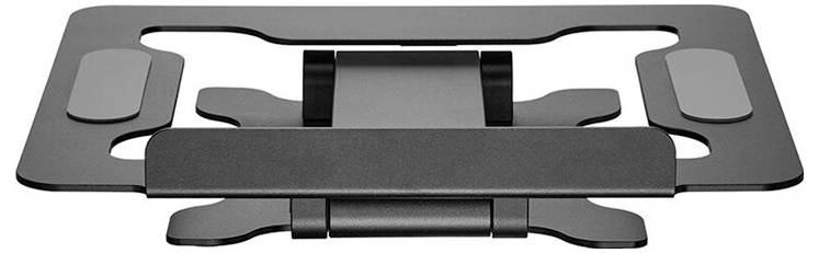 Ein schwarzer, verstellbarer Laptop-Ständer aus Metall mit rutschfesten Pads, der die Belüftung verbessert und ergonomisches Arbeiten ermöglicht.