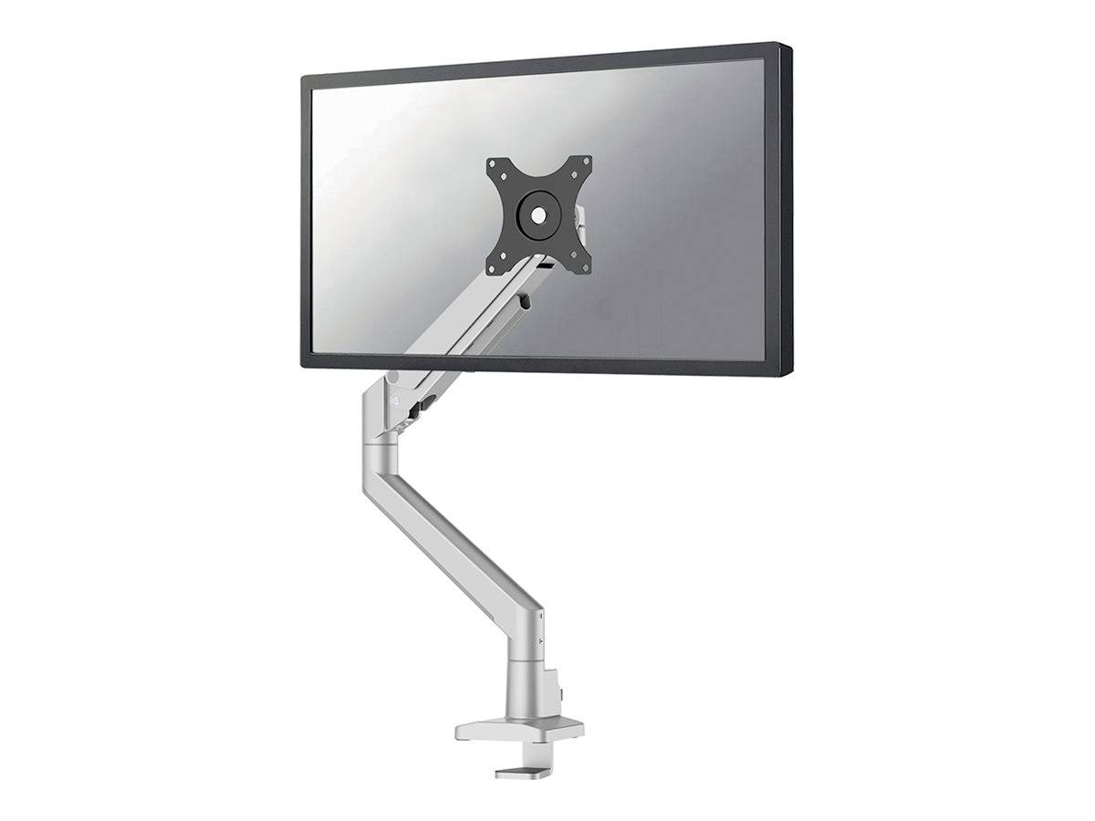 Ein Monitorhalter in Silber mit einem flexiblen Arm, an dem ein Bildschirm befestigt werden kann. Ideal für verstellbare Bildschirmpositionen.