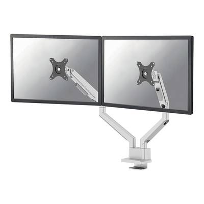 Zwei Monitore auf einem dualen Schwenkarmhalter, montiert auf einem Schreibtisch, zeigen die Rückseite ohne Bildschirminhalte.