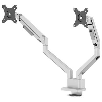 Ein dualer Monitorarm in Silber mit zwei Gelenkarmen, die unabhängig voneinander bewegt werden können, geeignet zur Tischbefestigung.