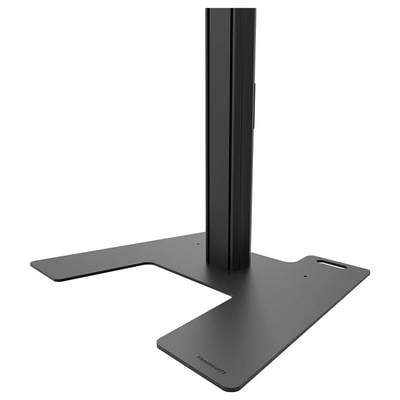 Ein schwarzer, vertikaler Monitorständer mit stabilem, symmetrischem Sockel in L-Form. Geeignet für Büro- oder Heimarbeitsplätze.