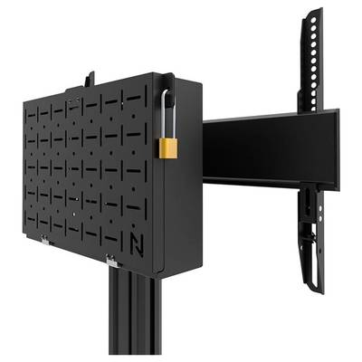 Ein schwarzer Wandhalterungsarm für Monitore, mit einem flexiblen Anschluss zur Anpassung der Bildschirmposition, montiert an einer Halterung.