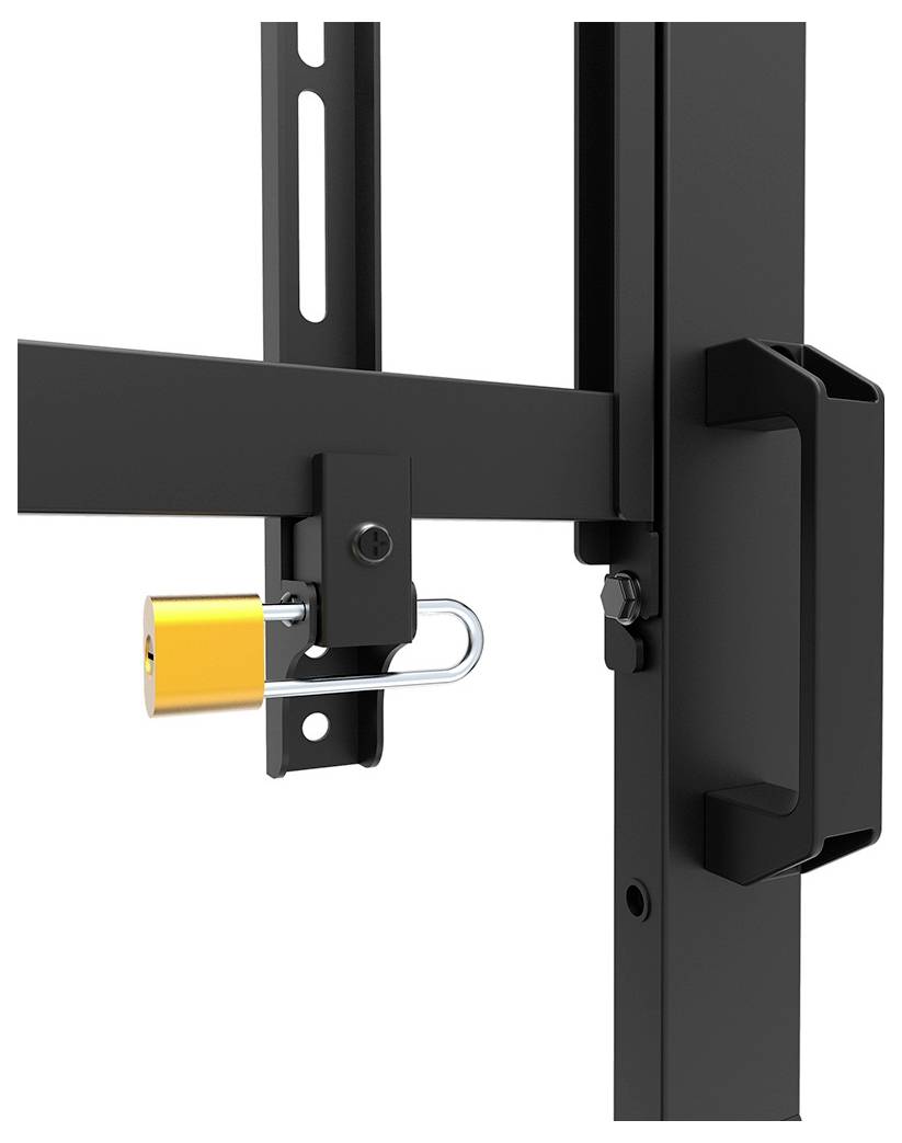 Ein schwarzes Metalltor ist mit einem orangen Vorhängeschloss gesichert. Es zeigt die Schließmechanik eines Sicherheitsgeräts.