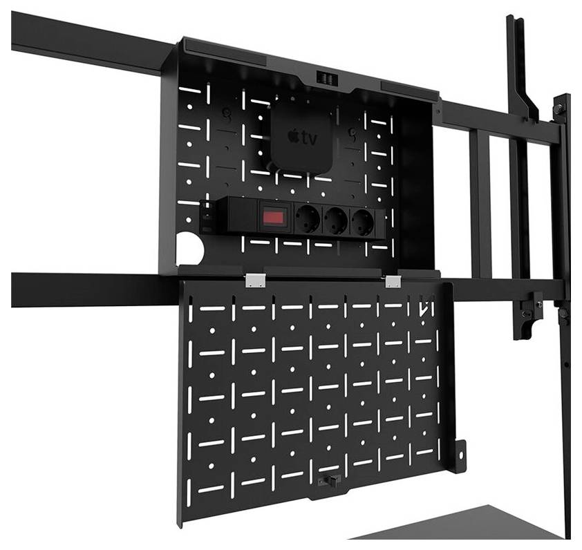 Schwarzmetall-Montagehalterung mit Steckdosenleiste, geeignet zur Befestigung an einer Wand. Enthält Apple TV Gerät.