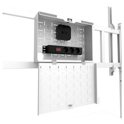 Metallischer Halter zur Wandmontage mit Fächern für Geräte. Enthält eine Apple TV-Box und eine Steckerleiste mit mehreren Anschlüssen.
