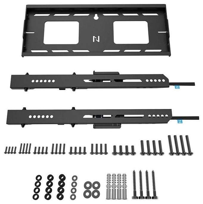 Montagesatz mit Metallhalterungen, Schrauben und Dübeln für Wandinstallation, inklusive Anleitung für TV oder Monitor.