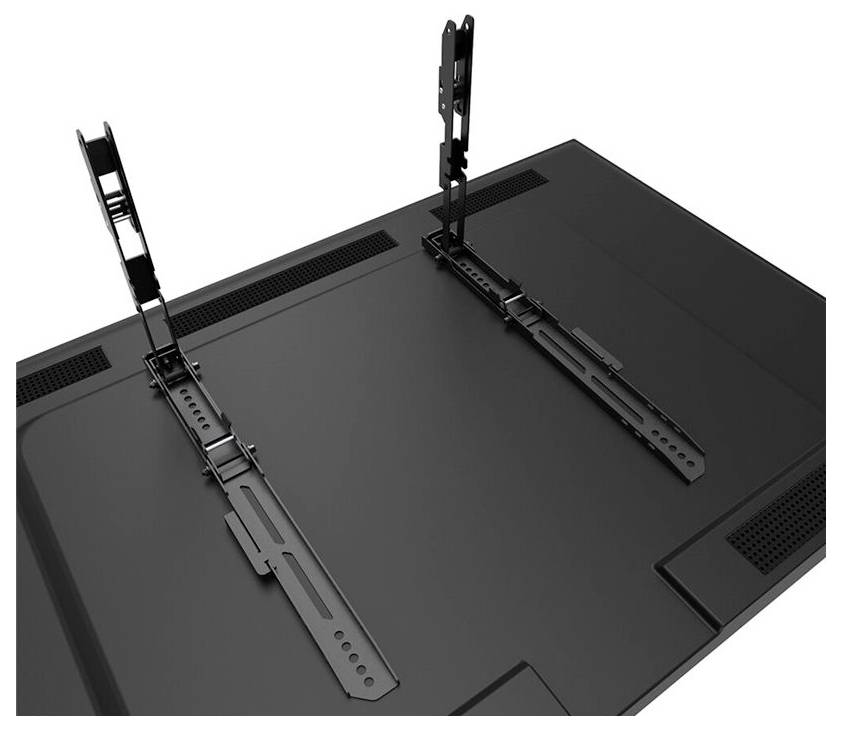 Zwei schwarze Metallhalterungen auf der Rückseite eines Flachbildschirms, zur Wandmontage vorbereitet.
