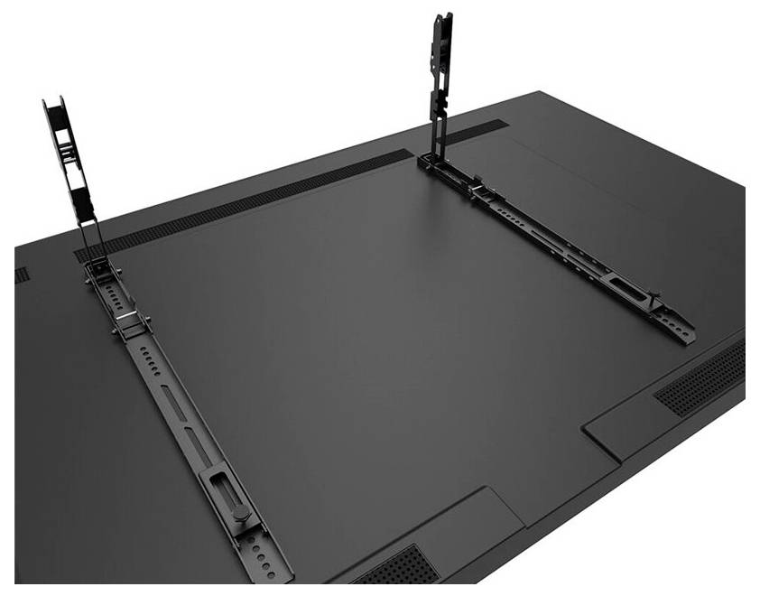 Die Rückseite eines Flachbildfernsehers mit montierten Halterungen, die an der Wand befestigt werden.