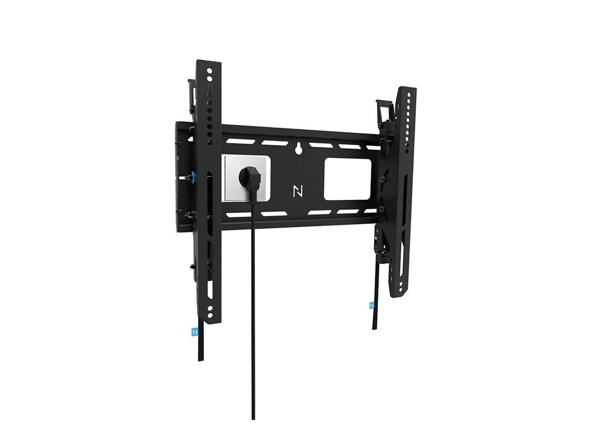 Schwarze TV-Wandhalterung aus Metall mit verstellbaren Armen. Kabel hängt lose herunter. Geeignet für große Flachbildfernseher.