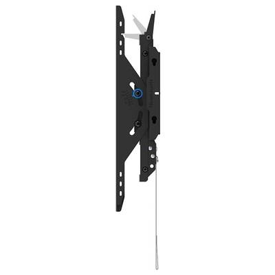 Verriegelungsmechanismus einer Tür, vertikal ausgerichtet, mit Hebeln und Bolzen. Schwarze Metallkomponenten mit blauen Elementen.