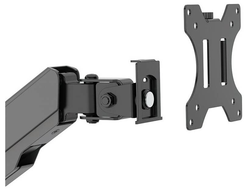 Monitorhalterung mit Schwenkarm und befestigter Halterungsplatte, geeignet für die Wand- oder Tischmontage von Monitoren.