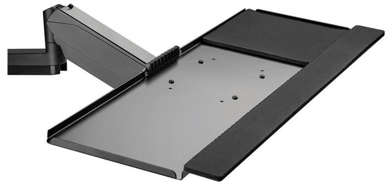 Eine schwarze Tastaturablage mit verstellbarem Arm, geeignet für ergonomische Arbeitsplätze, bietet Unterstützung für Tastatur und Maus.