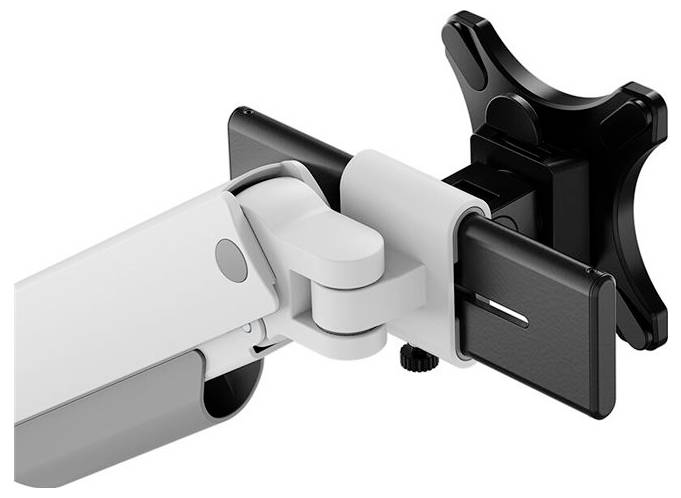 Grauer Monitorarm aus Metall mit schwarzer Halterung, die einen Bildschirm befestigt. Geeignet für Schreibtische in Büros.