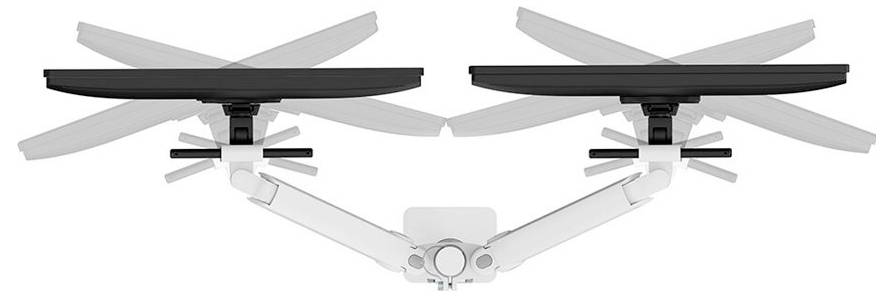 Zwei Monitorarme in der Mitte verbunden, zeigen Beweglichkeit durch überlagernde Transparenzbilder, ermöglichen flexible Bildschirmpositionierung.