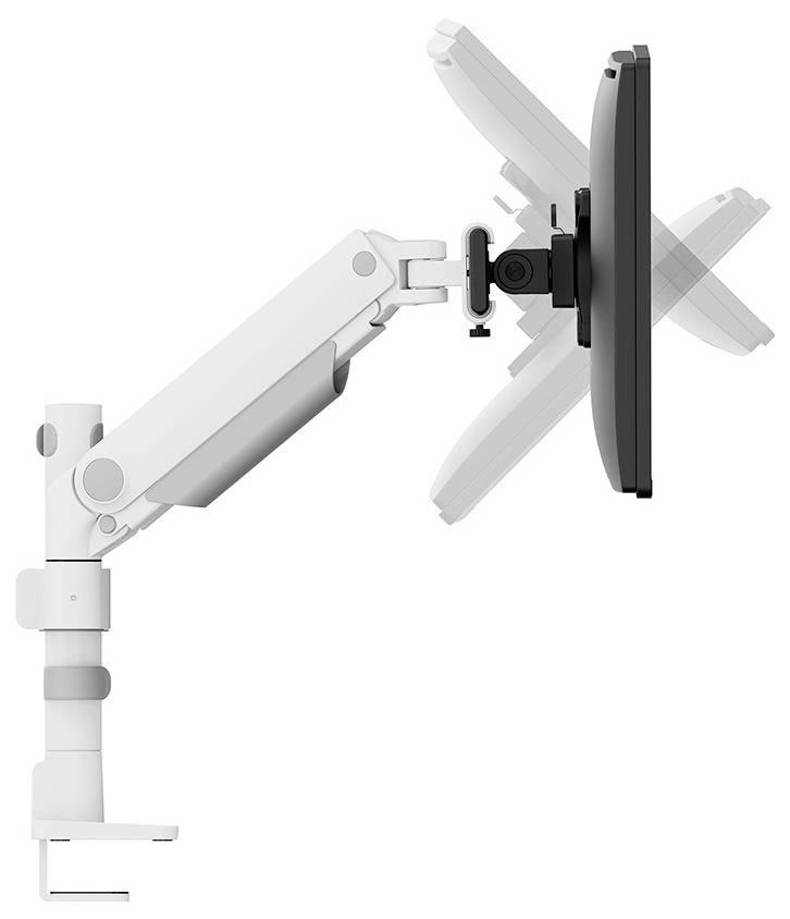 Ein Monitorarm aus weißem Metall zeigt eine Seitansicht mit einem beweglichen Gelenk, das den Bildschirm in verschiedene Positionen schwenkt.