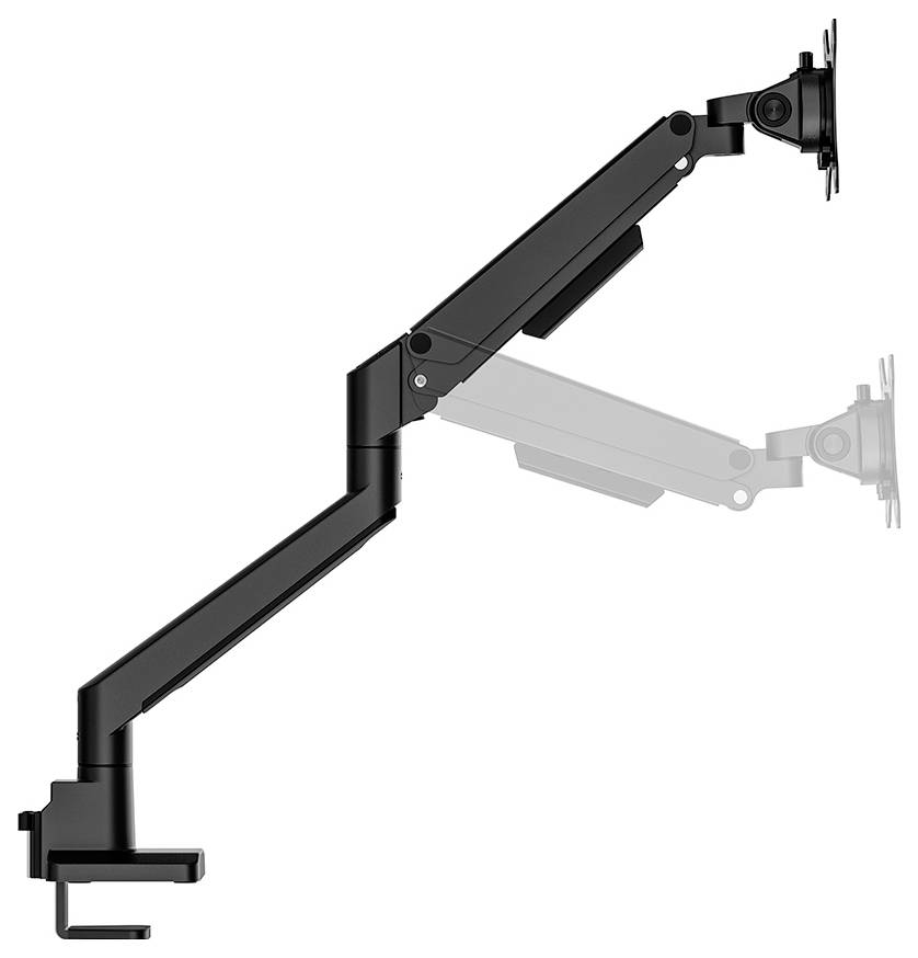 Ein verstellbarer Monitorarm in schwarzer Farbe, der an einem Tisch befestigt ist. Er zeigt eine flexible Bewegung in verschiedenen Positionen.