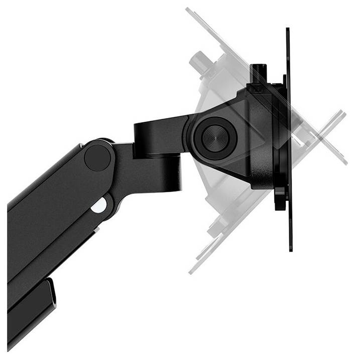 Ein verstellbarer Monitorarm aus schwarzem Metall zeigt seitliche Bewegungen und Flexibilität.