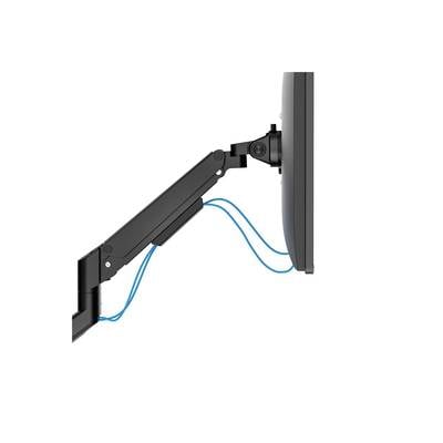 Ein Monitorarm mit Kabelmanagement führt blaue Kabel ordentlich entlang der Halterung, um einen Monitor zu stützen und Kabel zu organisieren.