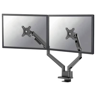 Doppelter Monitorhalter mit verstellbaren Armen in einer schwarzen Oberfläche, bereit zur Aufnahme von zwei Monitoren. Ideal für Schreibtische.