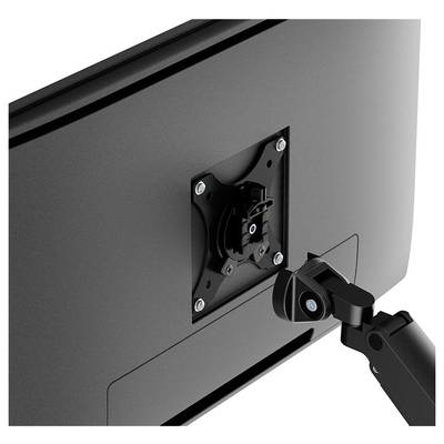 Rückseite eines schwarzen Monitors mit einer VESA-Halterung, an der ein beweglicher Monitorarm befestigt ist.