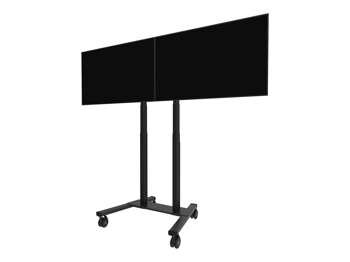 Zwei nebeneinander montierte große schwarze Bildschirme auf einem fahrbaren Ständer mit vier Rädern.