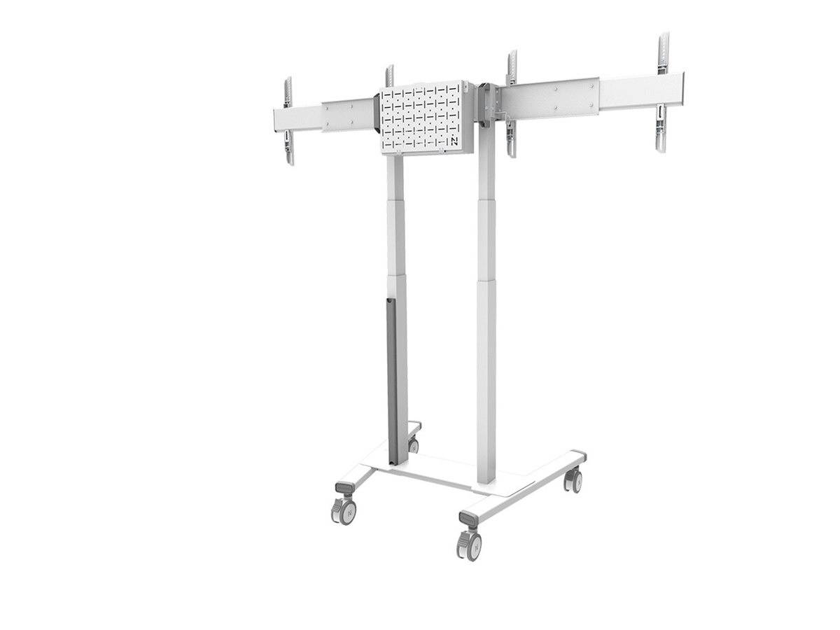 Rollbarer Bildschirmhalter mit höhenverstellbaren Teleskoparmen, geeignet für mehrere Monitore, auf einem stabilen Standfuß mit Rollen.