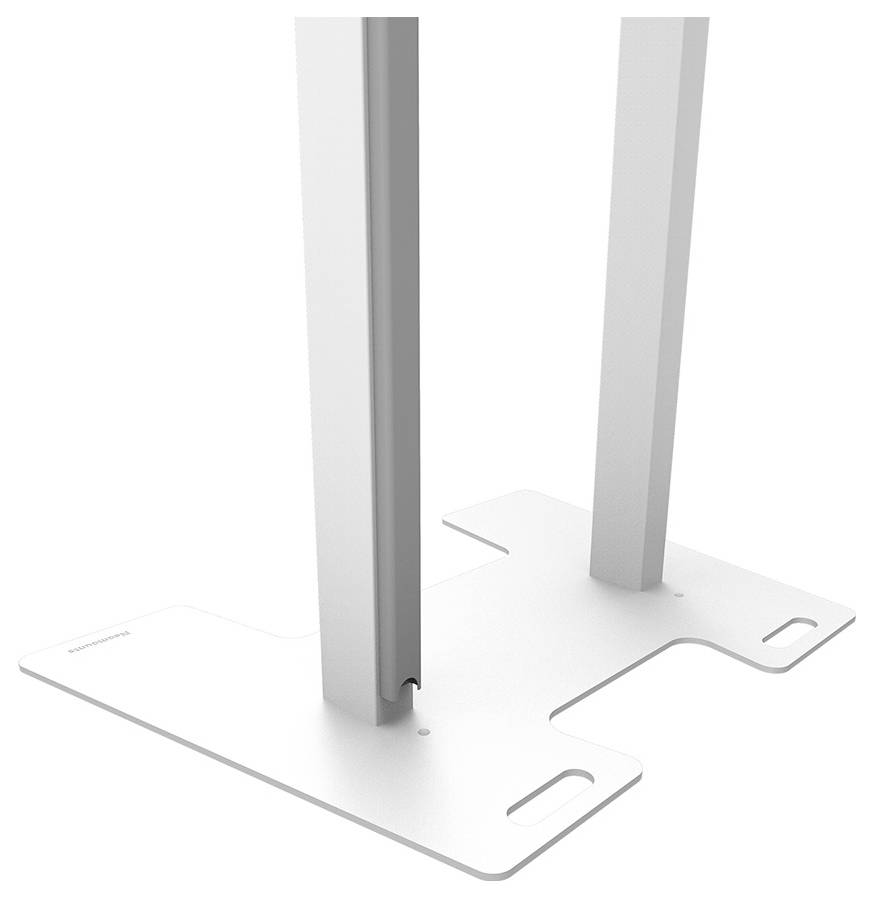 Zwei weiße Metallbeine auf einer rechteckigen Basis mit Aussparungen an den Ecken.