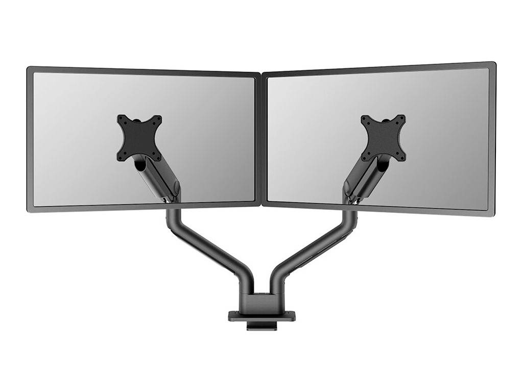 Doppelter Monitorständer mit zwei Armen, die jeweils einen Bildschirm halten. Ideal für Arbeitsplatzoptimierung und ergonomisches Arbeiten.