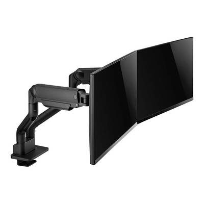 Zwei schwarze Computer-Monitore auf einem dualen verstellbaren Monitorarm. Ideal für ergonomische Büroanwendungen und maximalen Platz.