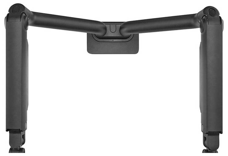 Schwarze, verstellbare Monitorhalterung mit zwei Armen, die nach oben geklappt sind, für die Befestigung an einem Tisch.