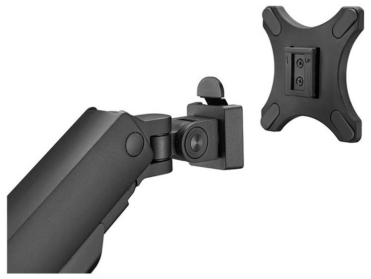 Schwarzer Monitorarm mit beweglichem Gelenk und VESA-Halterung zur Befestigung eines Bildschirms an der Wand oder am Schreibtisch.