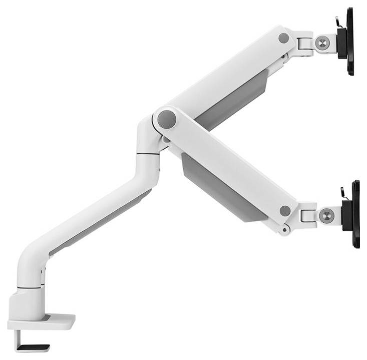 Doppelter Monitorarm mit verstellbaren Gelenken, für die Befestigung an einem Tisch. Ermöglicht flexibles Anpassen der Monitore.